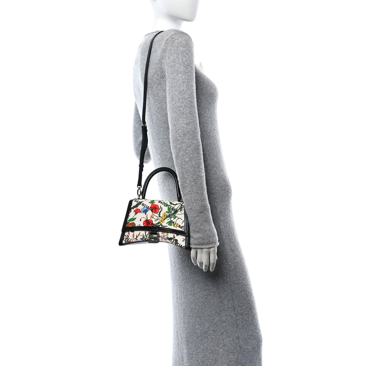 X GUCCI Canvas Boarded Plutone Calfskin Flora Logo Print Small Hourglass Top Handle Bag White Multicolor Black