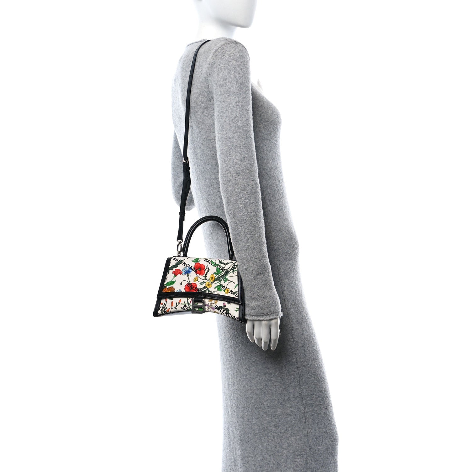 Balenciaga X GUCCI Canvas Boarded Plutone Calfskin Flora Logo Print Small Hourglass Top Handle Bag White Multicolor Black 3 of 10