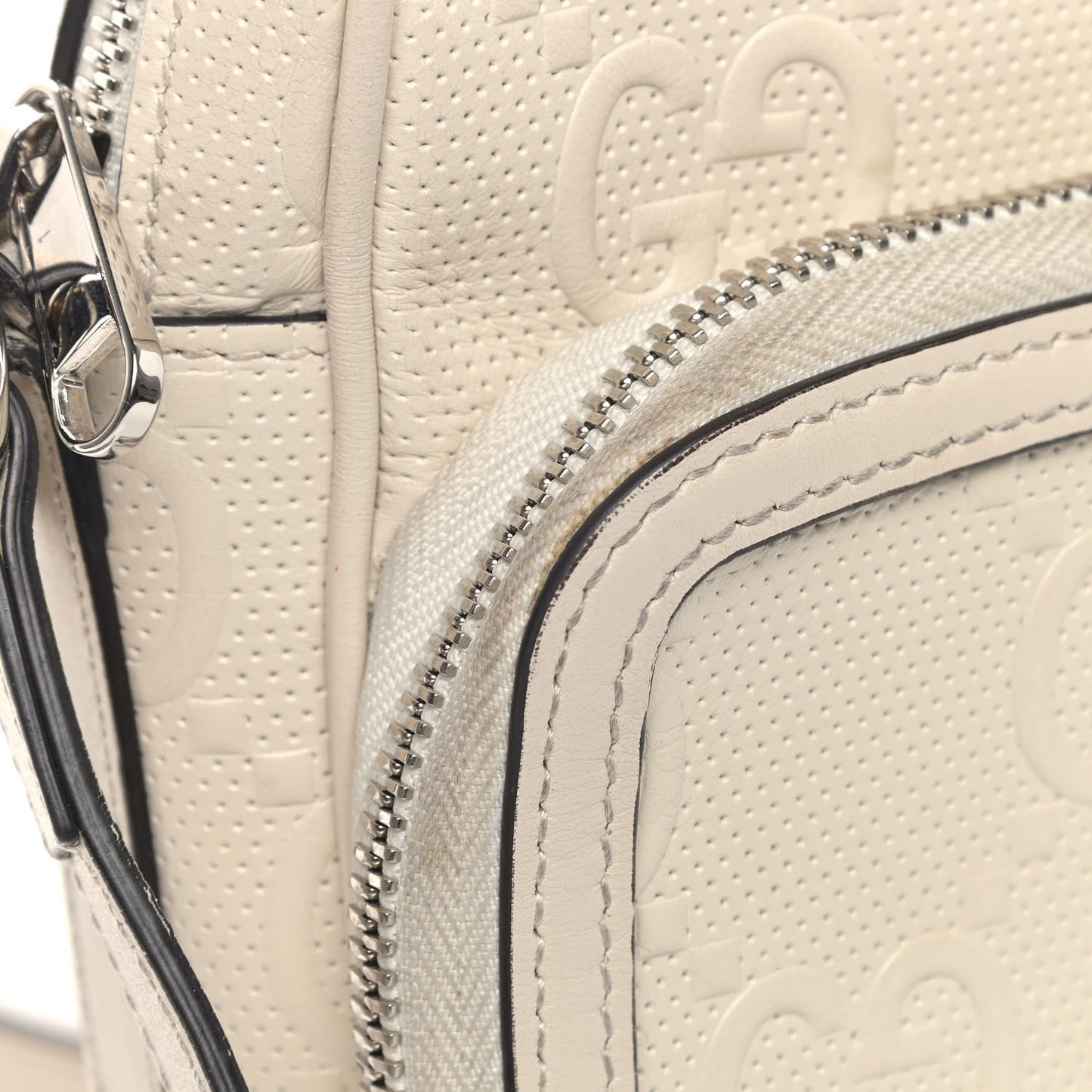 Calfskin GG Tennis Embossed Mini Double Zip Messenger Bag Mystic White