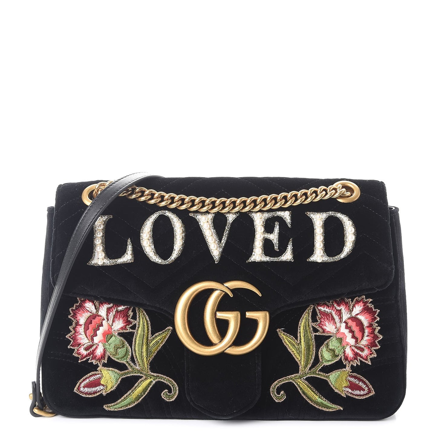Velvet Matelasse Loved Embroidered Medium GG Marmont Shoulder Bag Black