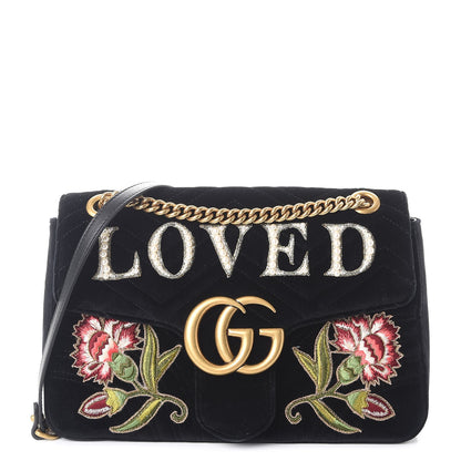 Gucci Velvet Matelasse Loved Embroidered Medium GG Marmont Shoulder Bag Black 1 of 8
