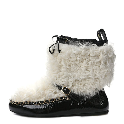 Chanel Patent Shearling Chain Boots 37.5 Black White 1 of 8