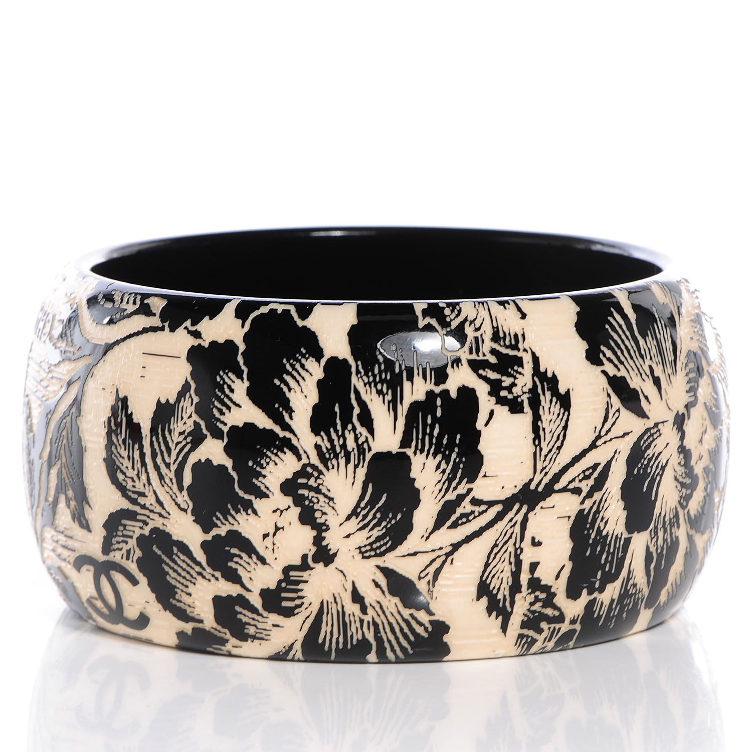 Chanel Resin Laser Etched Floral Bangle Black Cream 3 of 5