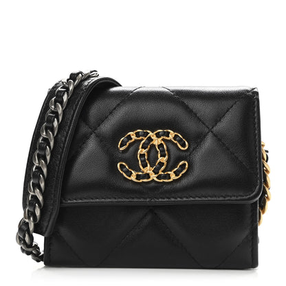 Chanel Shiny Goatskin Quilted Chanel 19 Flap Coin Purse With Chain Black 1 of 10