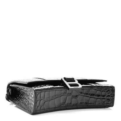 Balenciaga Shiny Calfskin Monochrome Crocodile Embossed Hourglass Chain Bag Black 4 of 9