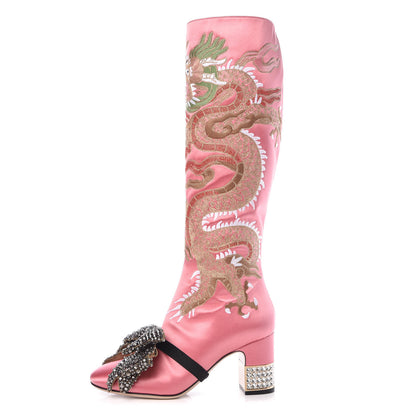 Gucci Silk Satin Malaga Kid Embroidered Candy Dragon Block-Heel Knee Boot 37 Glossy Pink 1 of 13
