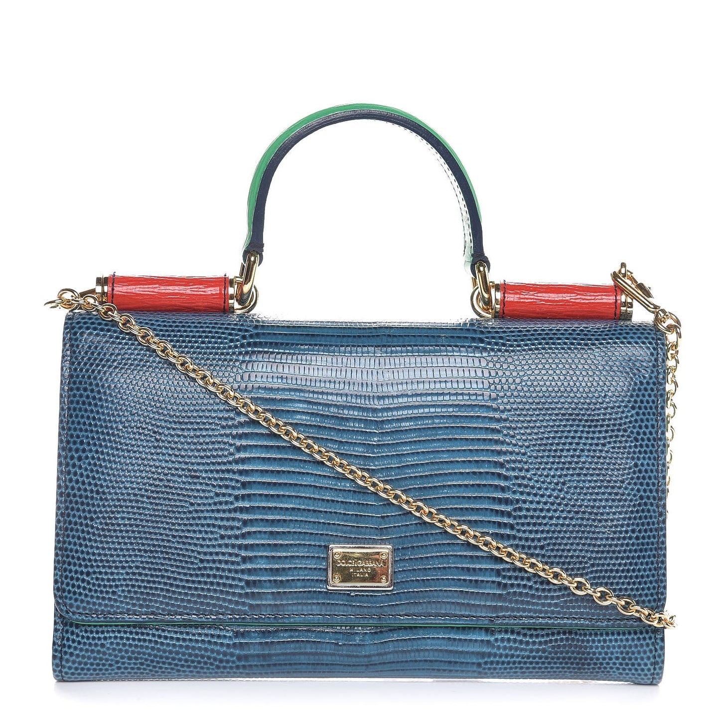 Lizard Calfskin Embossed Wallet On Chain Blue