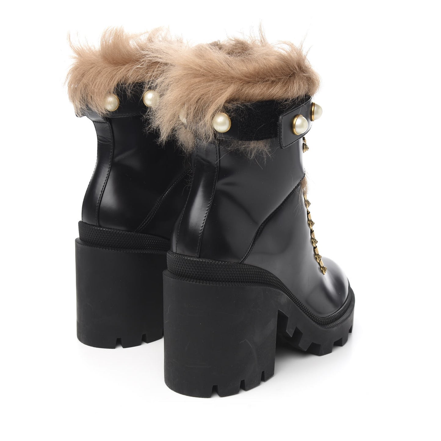 Magnum Calfskin Fur Pearl Lace Up Combat Ankle Boots 37 Black Naturale