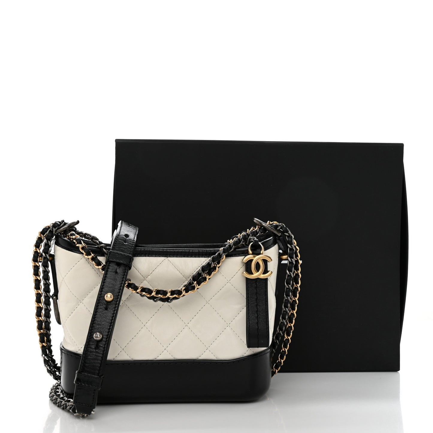 Aged Calfskin Quilted Small Gabrielle Hobo Black White