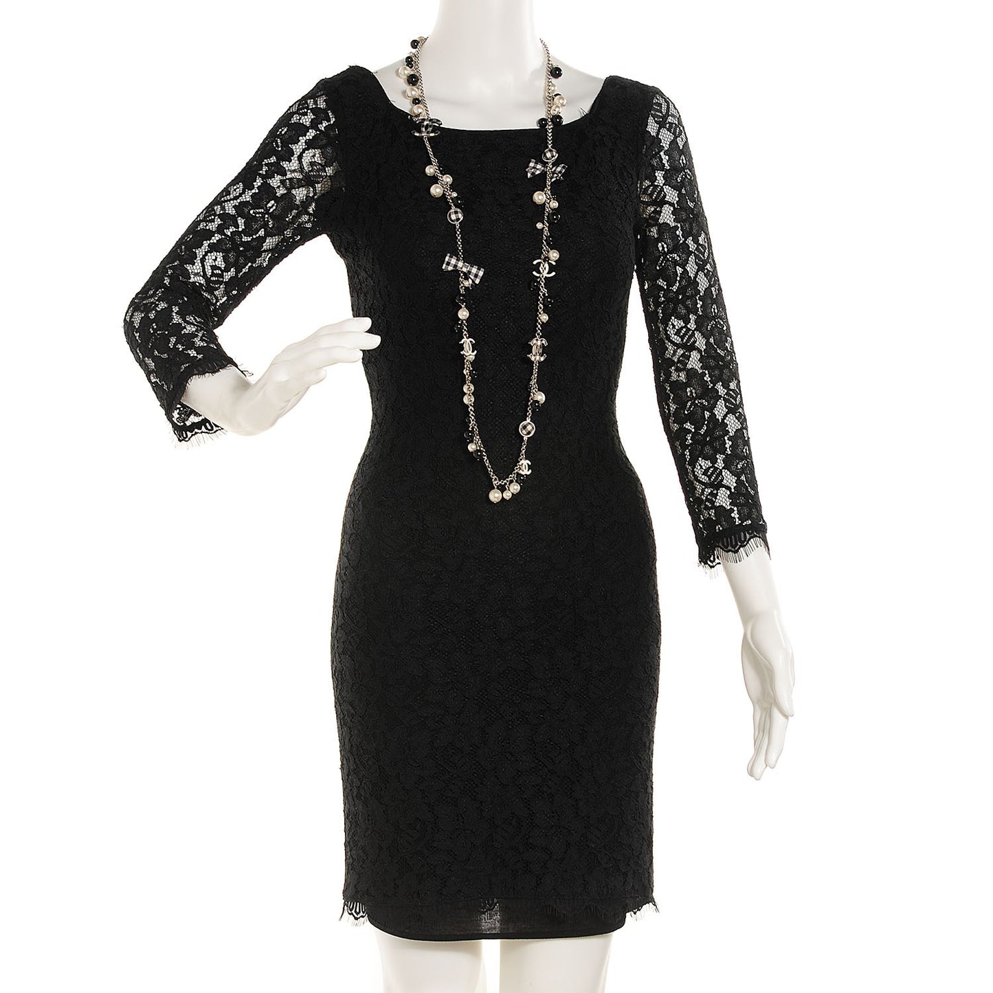 Pearl Beaded Gingham CC Long Necklace Black