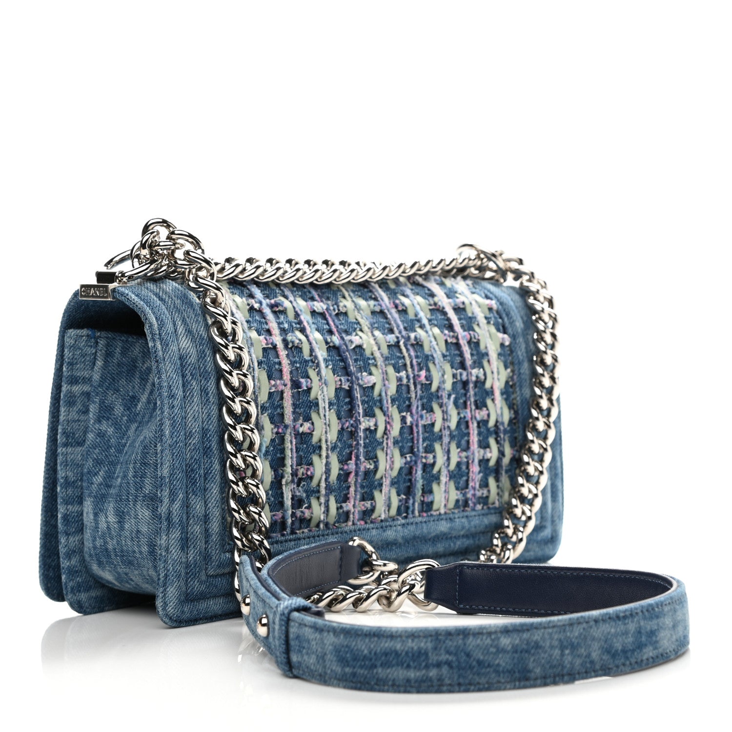 Chanel Cotton Tweed Denim Medium Boy Flap Light Green Light Blue 5 of 19