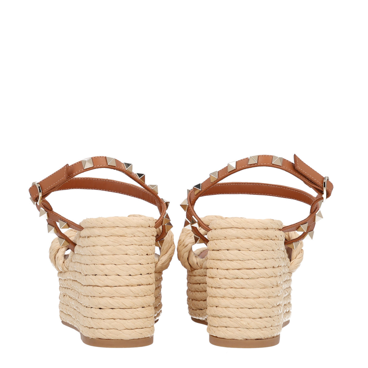 Valentino Garavani Calfskin Raffia Braided Rockstud Ankle Strap Espadrille 95mm Wedge Sandals 37 Almond Beige Naturale 6 of 9