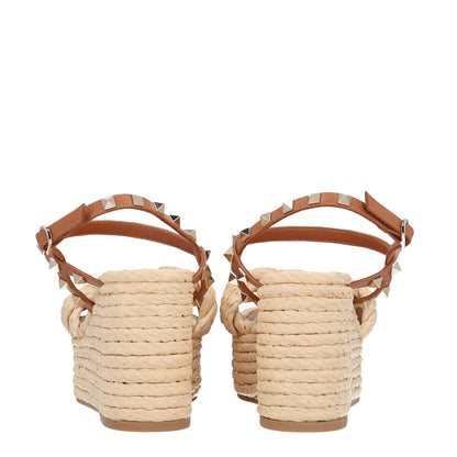 Valentino Garavani Calfskin Raffia Braided Rockstud Ankle Strap Espadrille 95mm Wedge Sandals 37 Almond Beige Naturale 6 of 9