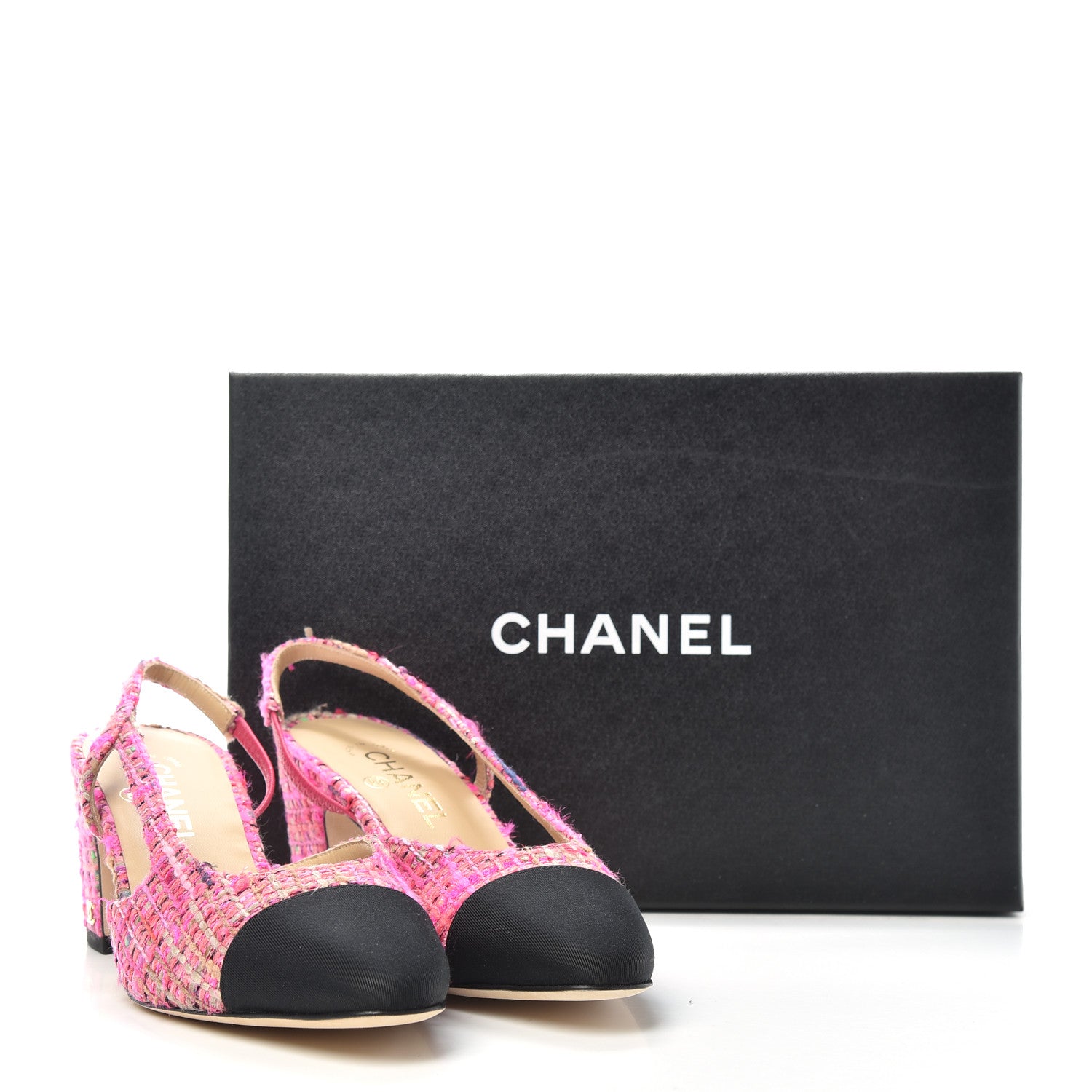 Chanel Tweed Grosgrain Cap Toe CC Slingback Pumps 39 Pink Black 11 of 11