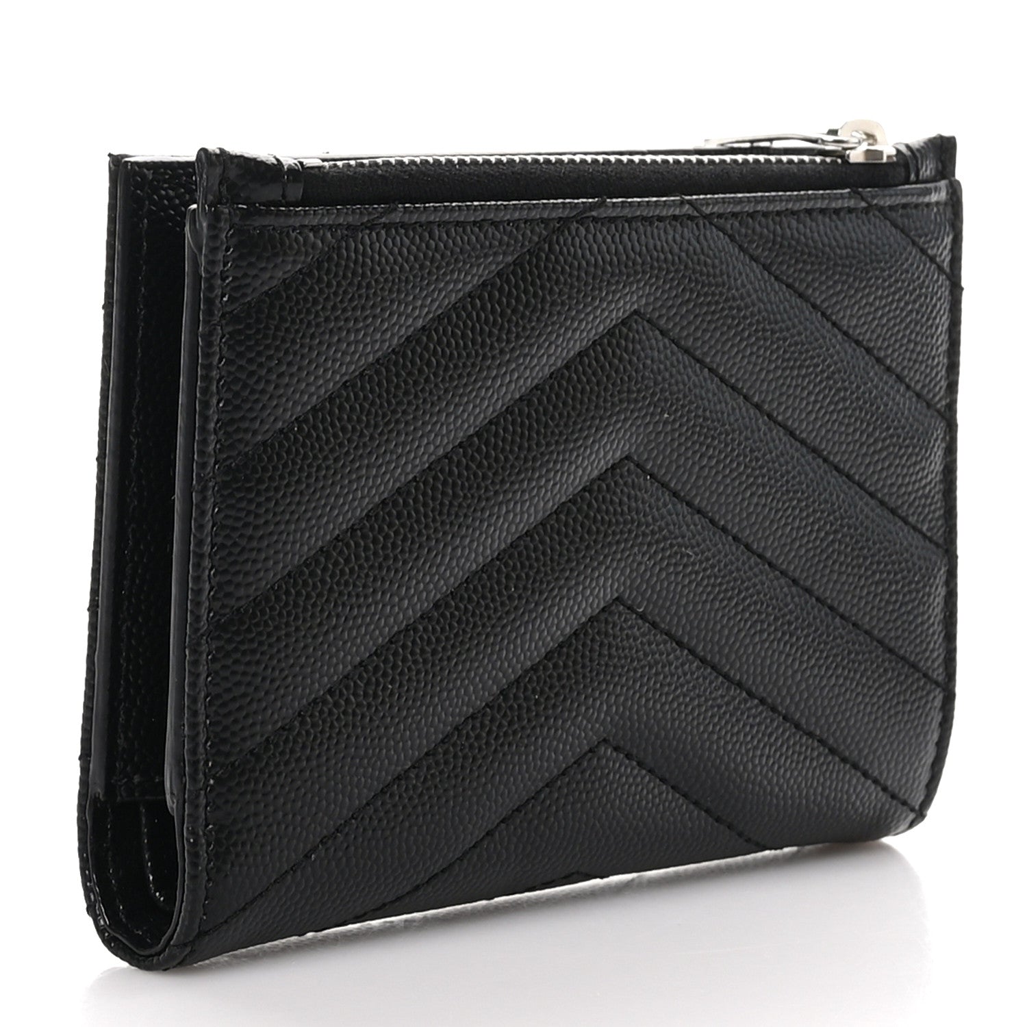 Saint Laurent Grain De Poudre Matelasse Chevron Cassandre Fragments Zippered Bi-Fold Wallet Black 3 of 8