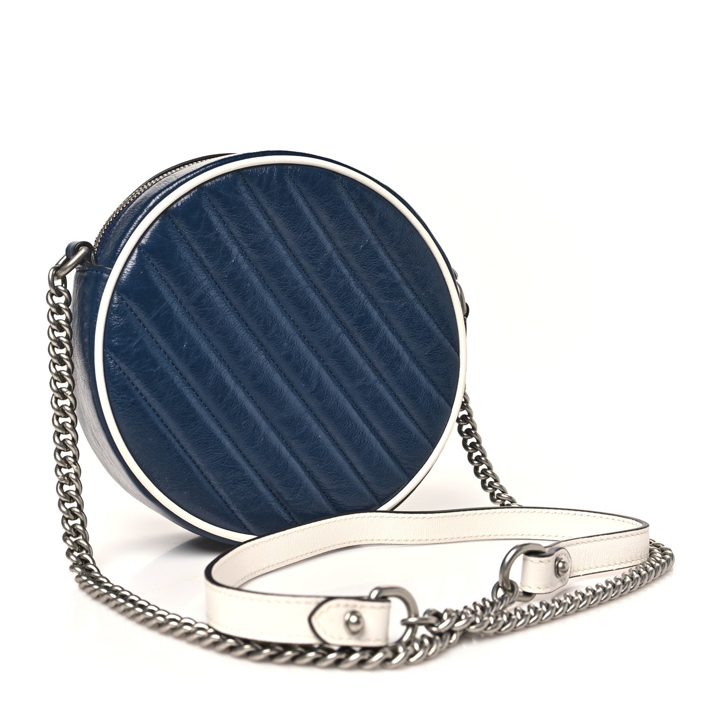 Azalea Calfskin Matelasse Diagonal Mini Torchon GG Marmont Round Shoulder Bag Blue Agata Mystic White