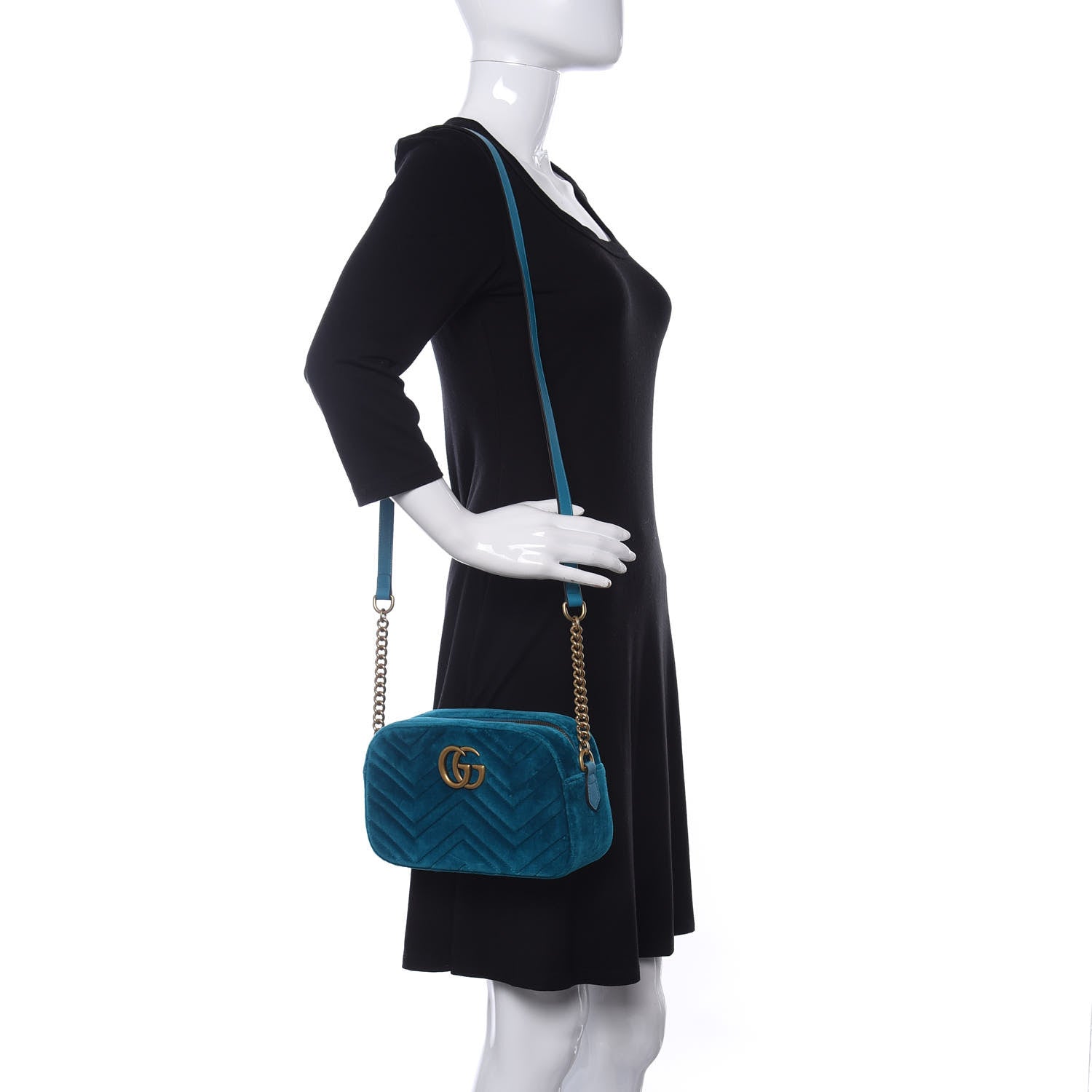 Gucci Velvet Matelasse Small GG Marmont Chain Shoulder Bag Pavone Cyan 2 of 8