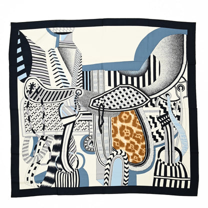 Hermes Cashmere Silk La Selle Imaginaire Shawl 140 Marine White 1 of 5