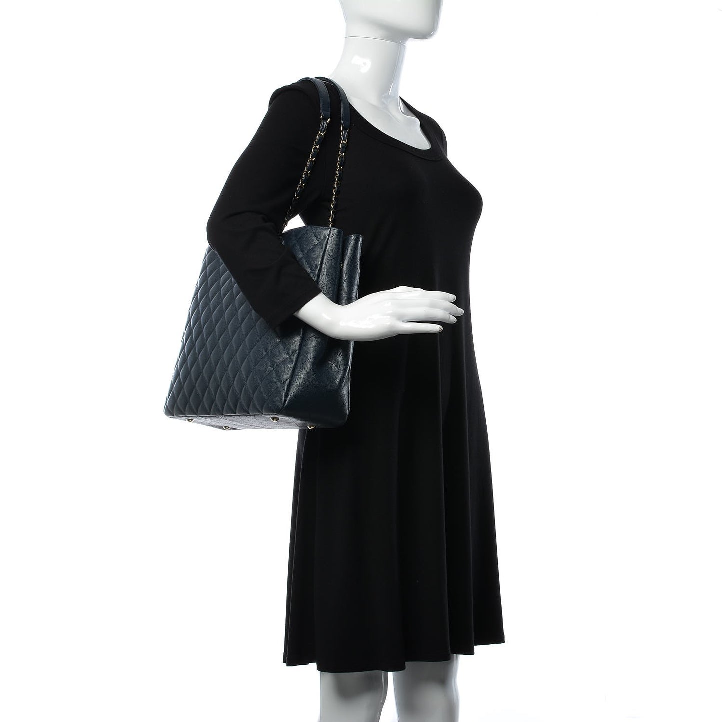 Metallic Caviar Quilted Large Classic Shopping Tote Navy