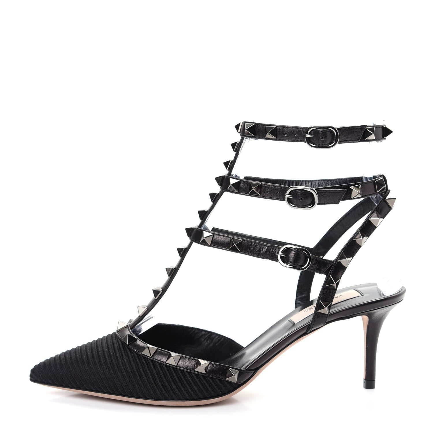 Valentino Garavani Ottoman Fabric Rockstud Ankle Strap Low Heel Pumps 38.5 Black 1 of 11