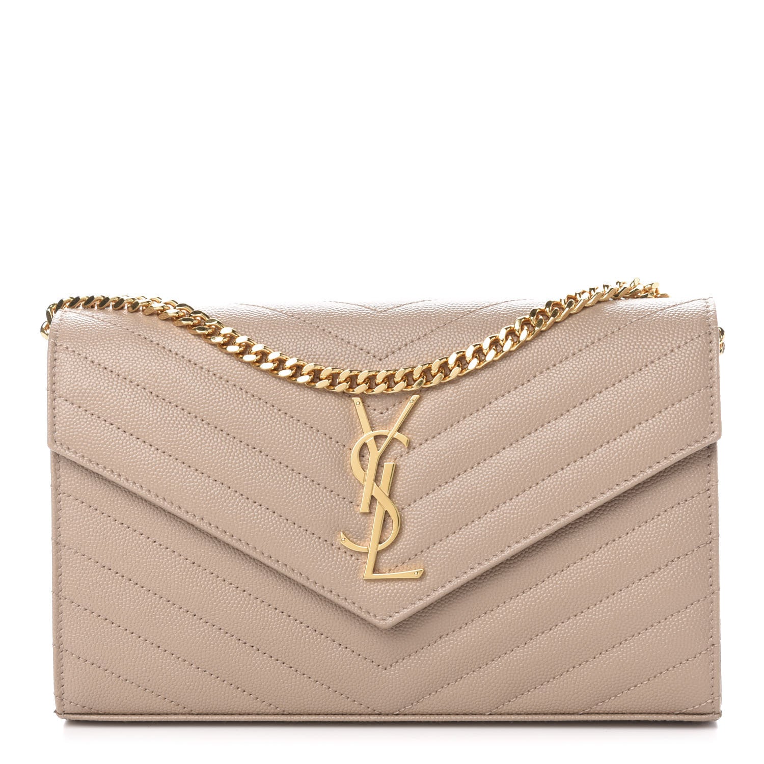 Saint Laurent Grain De Poudre Matelasse Chevron Monogram Chain Wallet Dark Beige 1 of 10