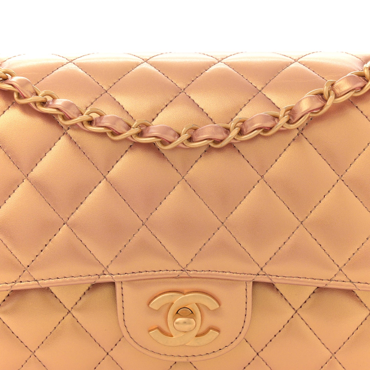 Metallic Lambskin Quilted Medium Double Flap Golden