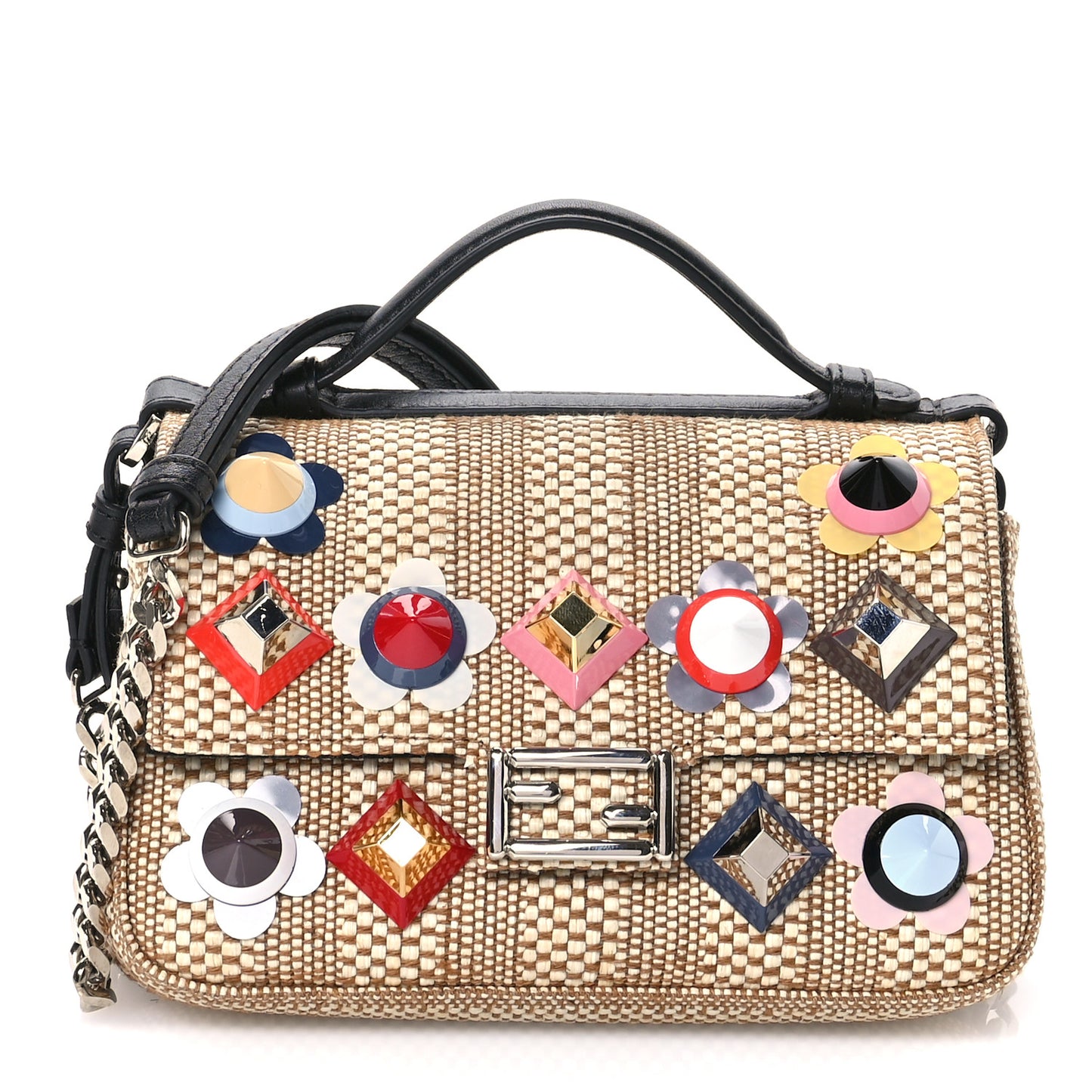 Paglia Vitello Dolce Paillettes Flowerland Studded Striped Micro Double Baguette Natural Multicolor