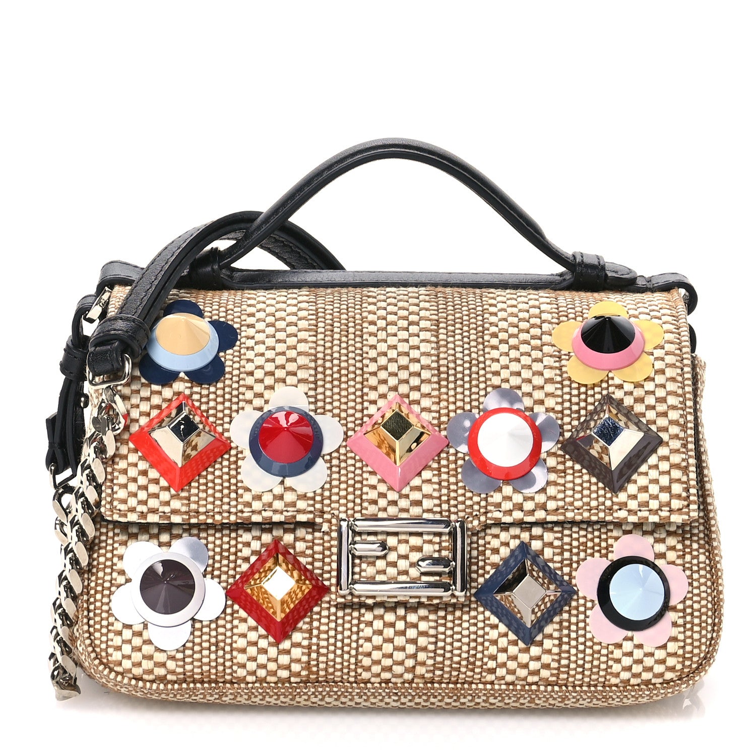 Fendi Paglia Vitello Dolce Paillettes Flowerland Studded Striped Micro Double Baguette Natural Multicolor 1 of 13