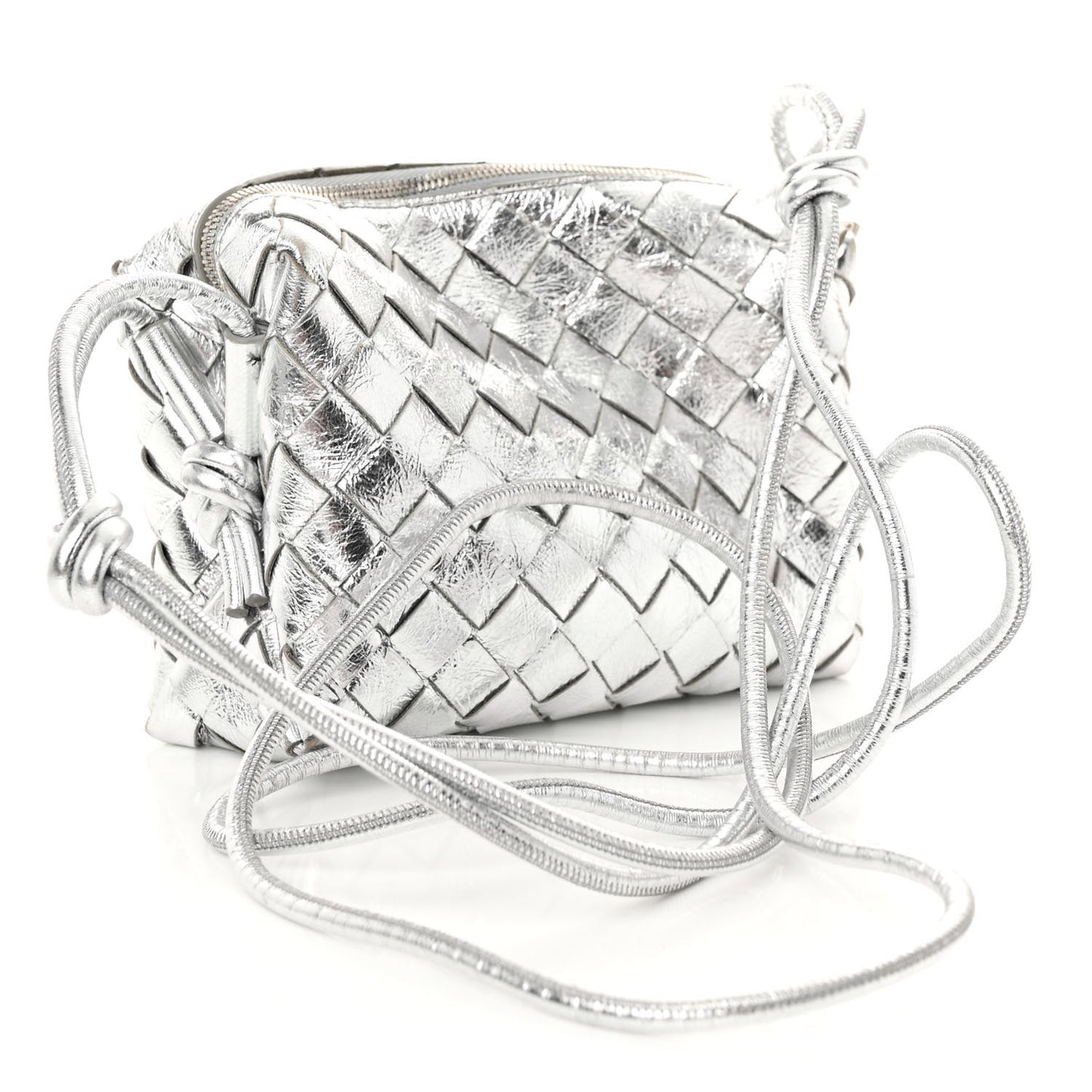 Metallic Nappa Intrecciato Mini Loop Camera Bag Silver
