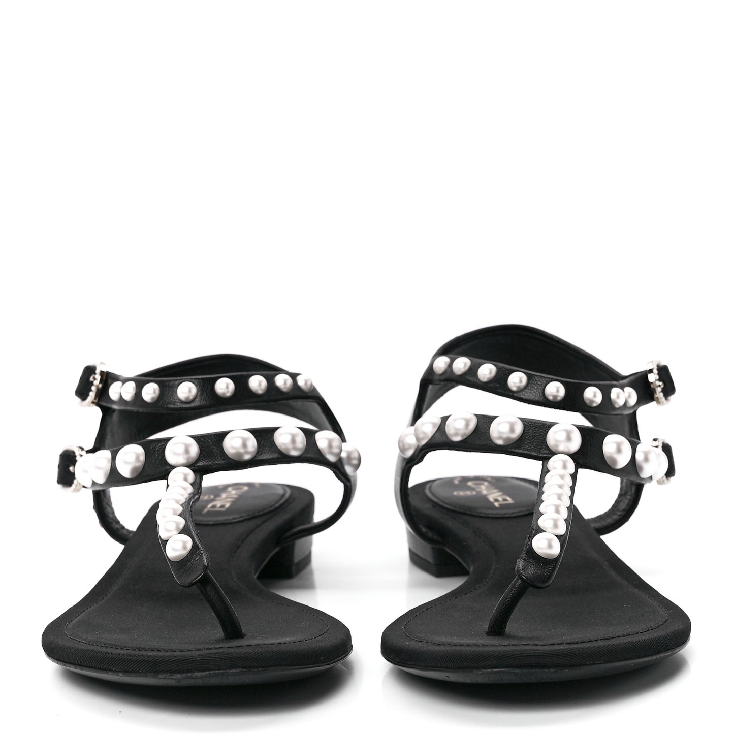 Calfskin Grosgrain Pearl Thong Sandals 36 Black