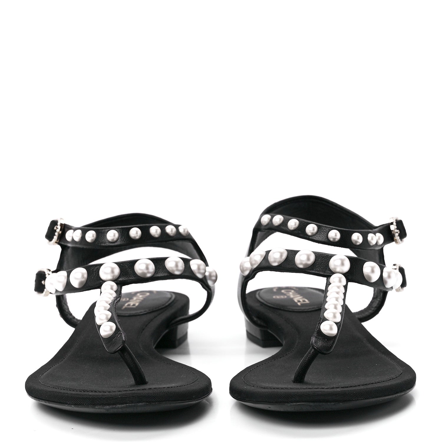 Chanel Calfskin Grosgrain Pearl Thong Sandals 36 Black 2 of 7