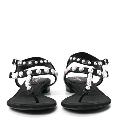 Chanel Calfskin Grosgrain Pearl Thong Sandals 36 Black 2 of 7