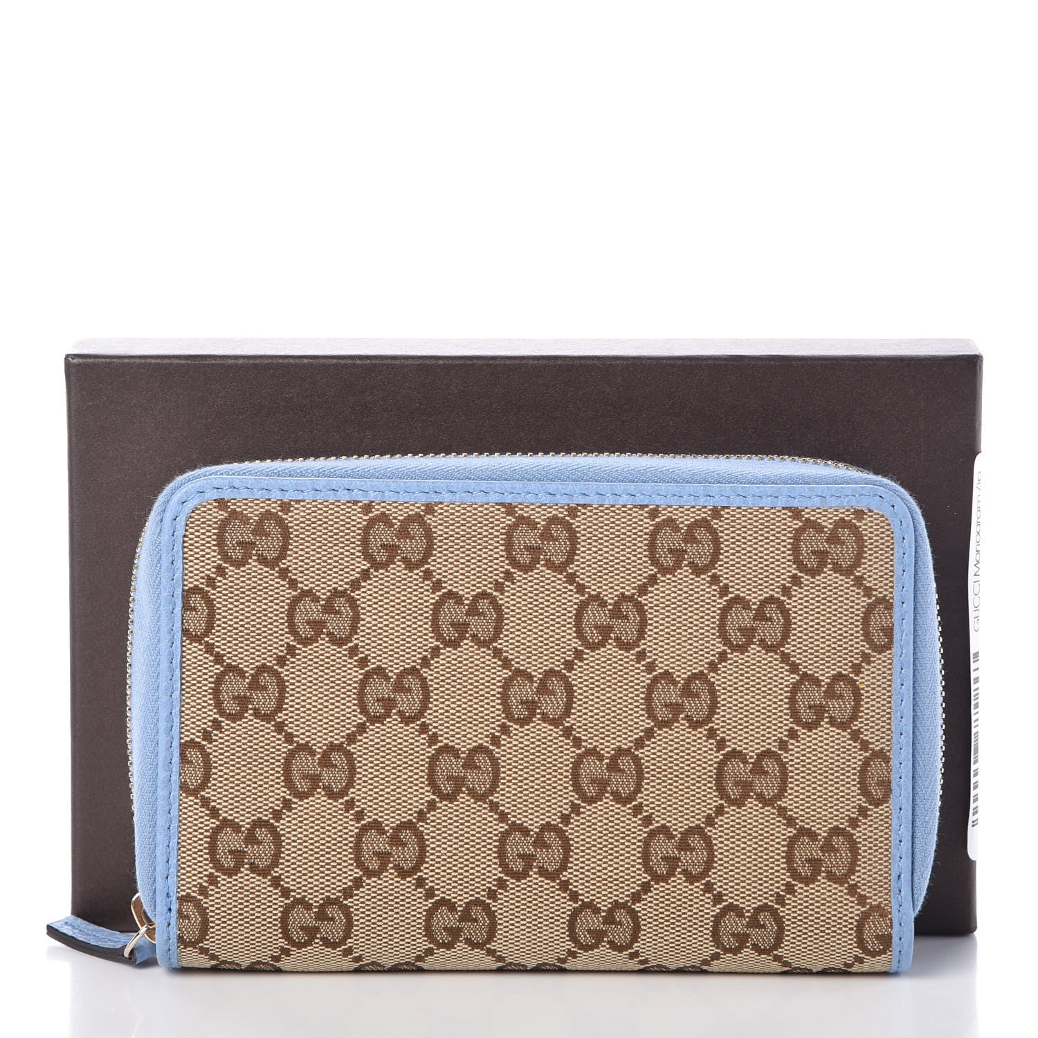 Gucci Monogram Dollar Calfskin Zip Around Compact Wallet Beige Ebony Mineral Blue 7 of 7