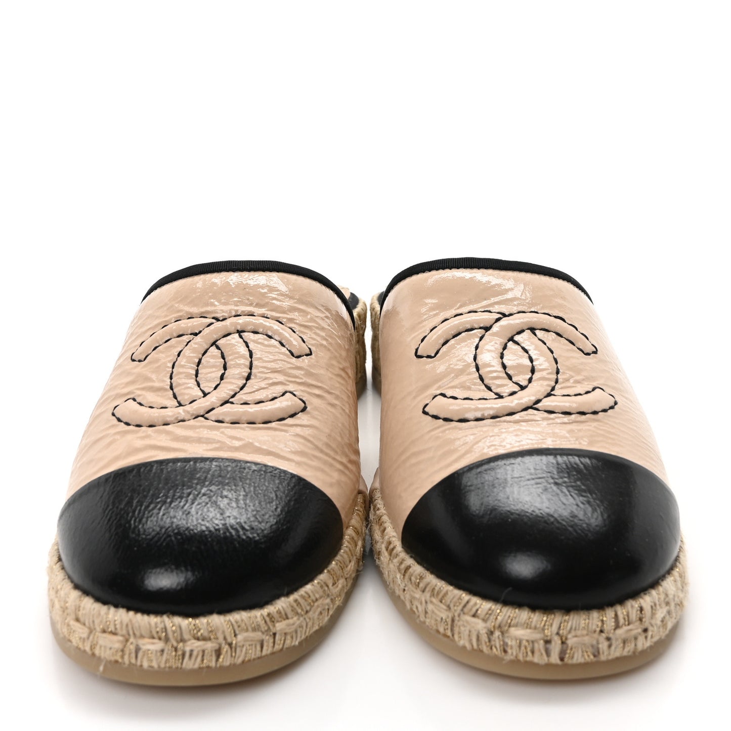 Crumpled Goatskin CC Espadrille Mules 36 Beige Black