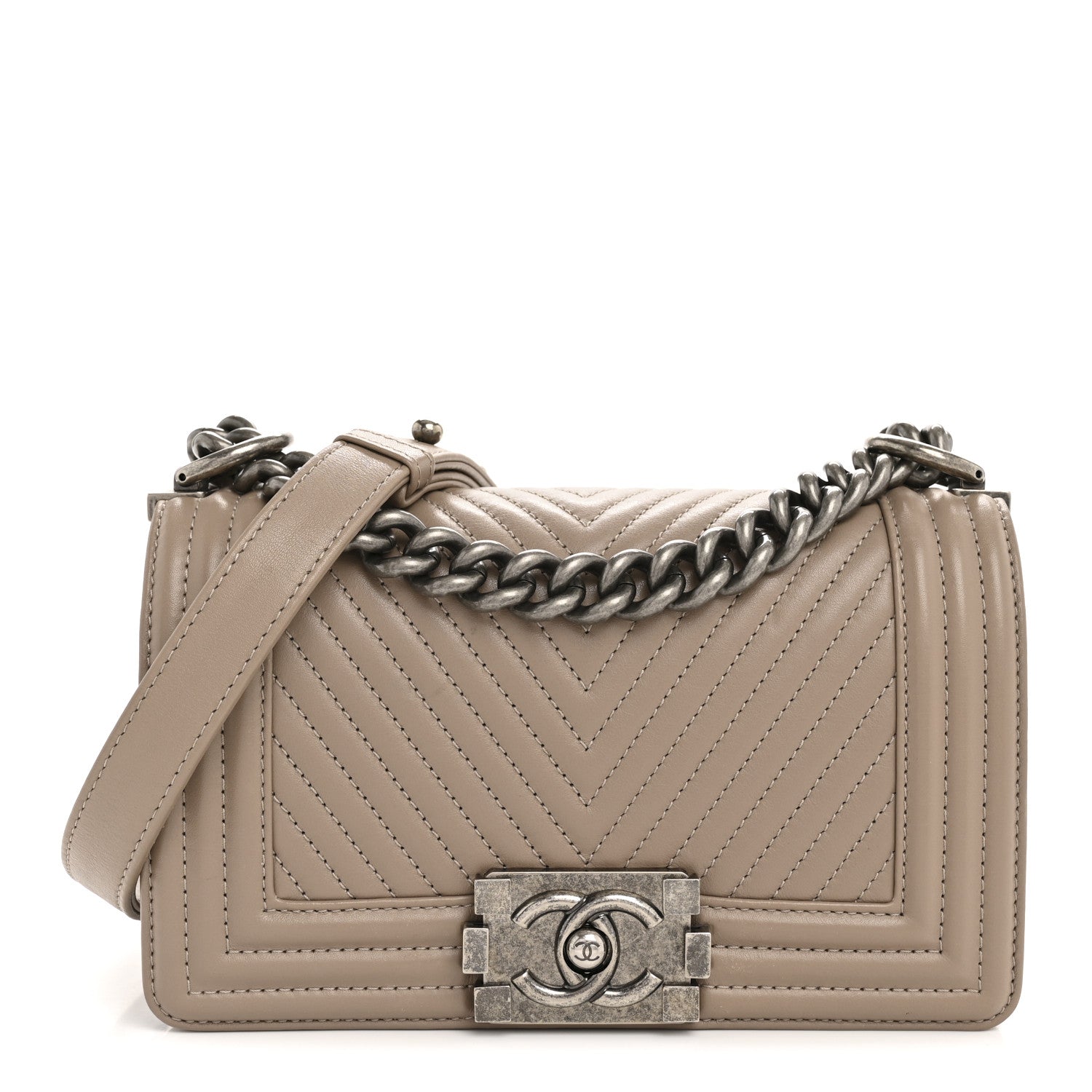 Chanel Calfskin Chevron Quilted Small Boy Flap Dark Beige 1 of 14