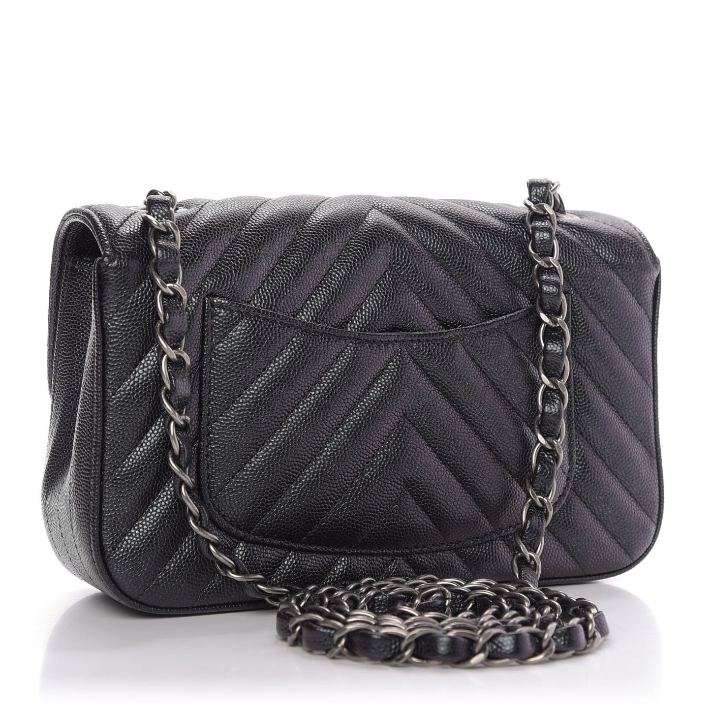 Iridescent Caviar Chevron Quilted Mini Rectangular Flap Black