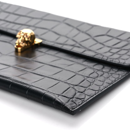 Alexander McQueen Calfskin Crocodile Embossed Skull Envelope Clutch Black 8 of 8