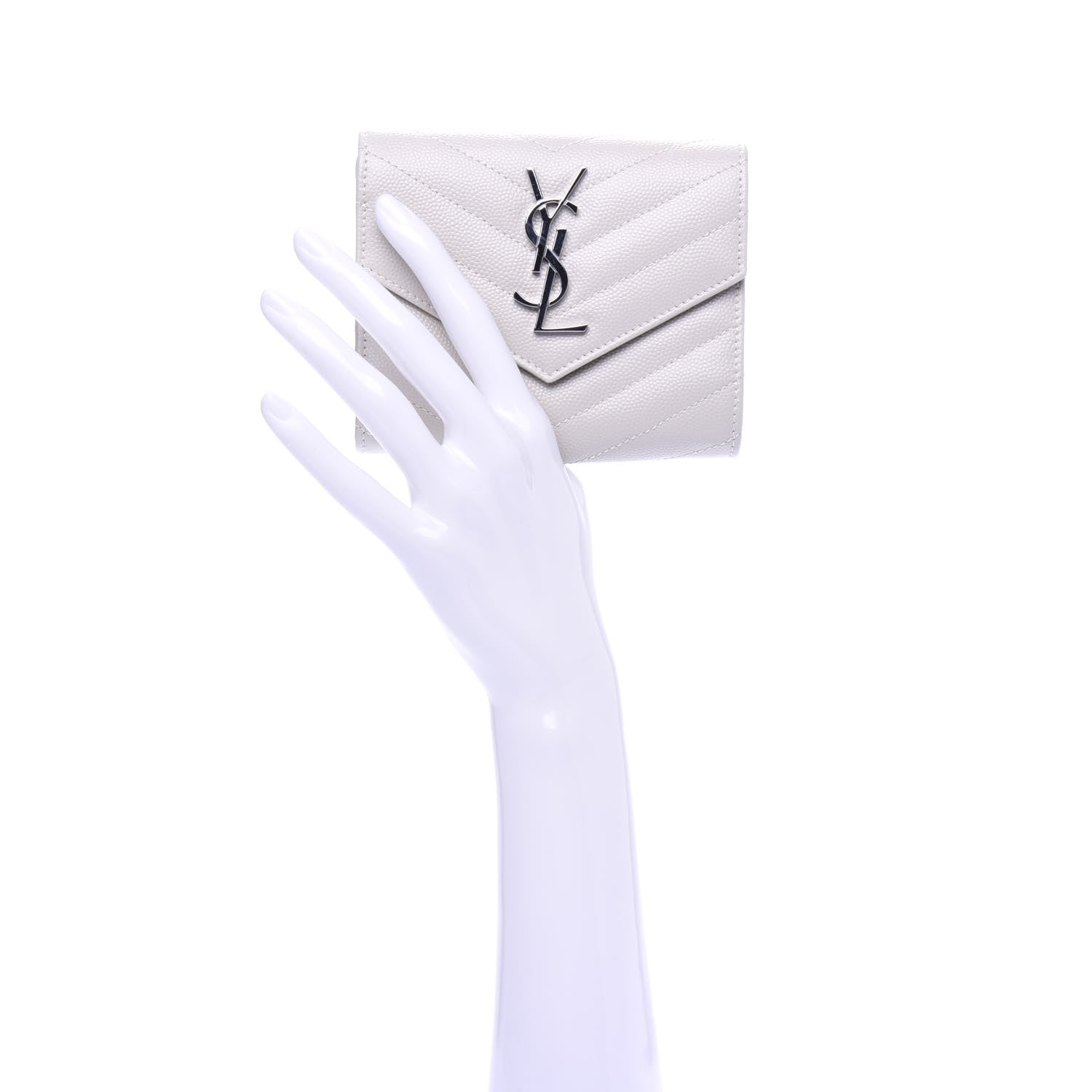 Saint Laurent Grain De Poudre Matelasse Chevron Monogram Compact Tri Fold Wallet Crema Soft 2 of 7