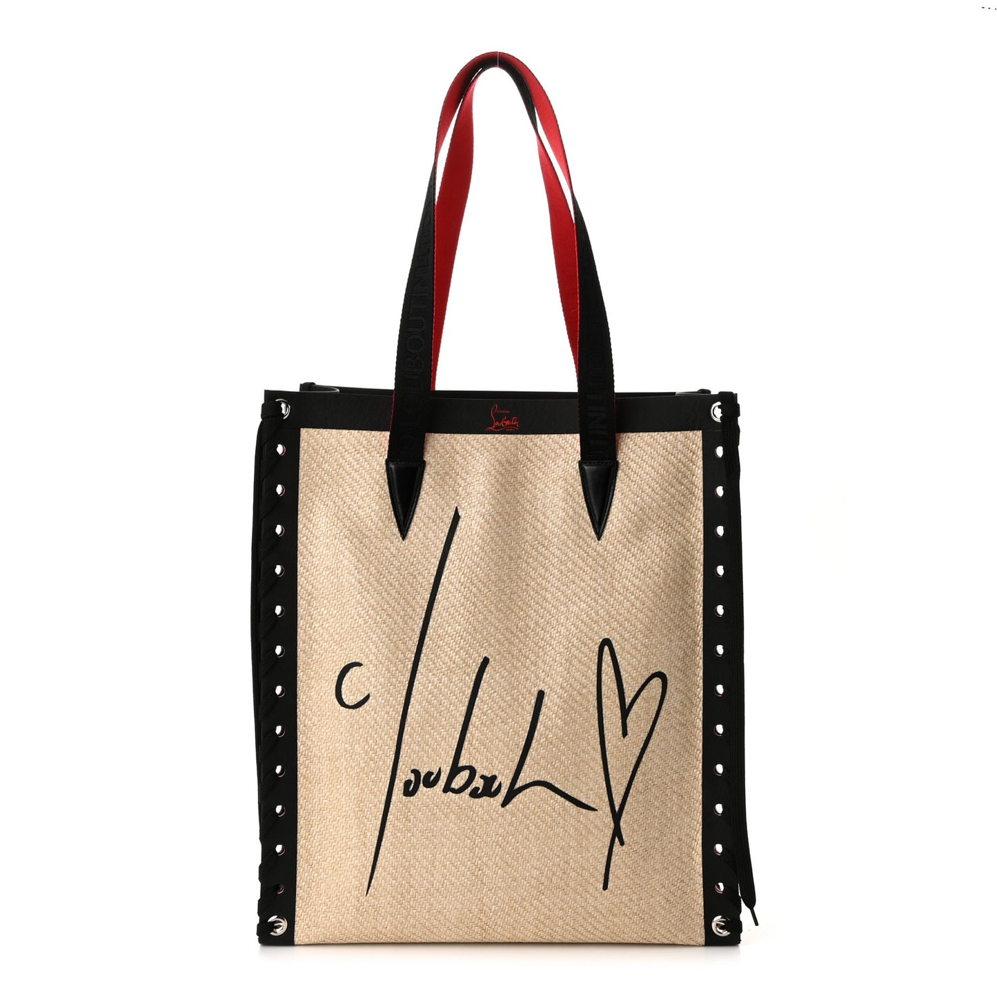 Braided Canvas Straw Small Cabalace Shopper Tote Natural Black