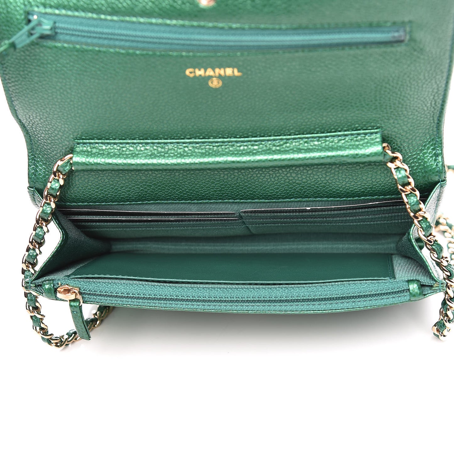 Metallic Caviar Quilted Wallet On Chain WOC Green