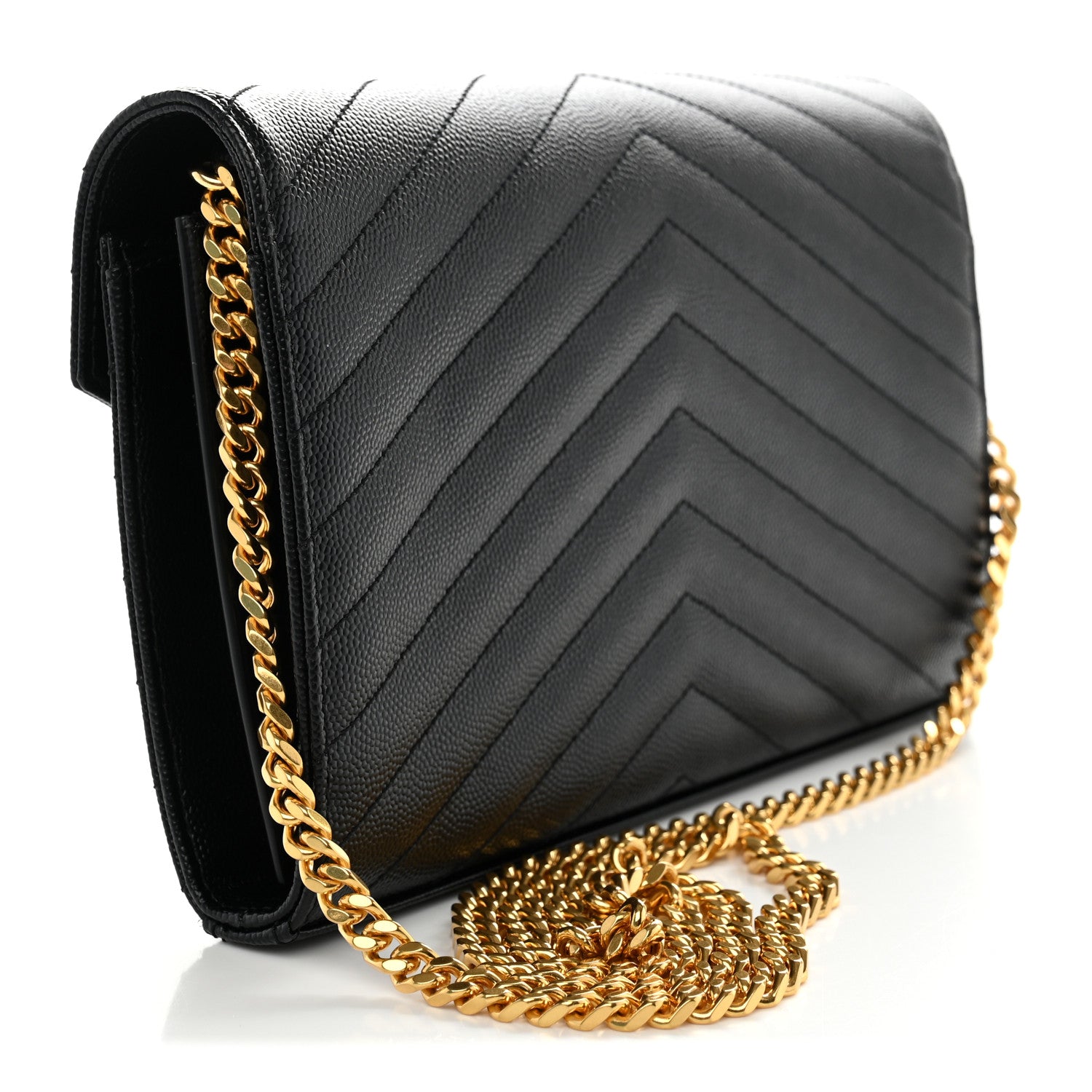 Saint Laurent Grain De Poudre Matelasse Chevron Monogram Chain Wallet Black 3 of 11