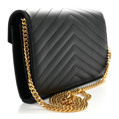 Saint Laurent Grain De Poudre Matelasse Chevron Monogram Chain Wallet Black 3 of 11
