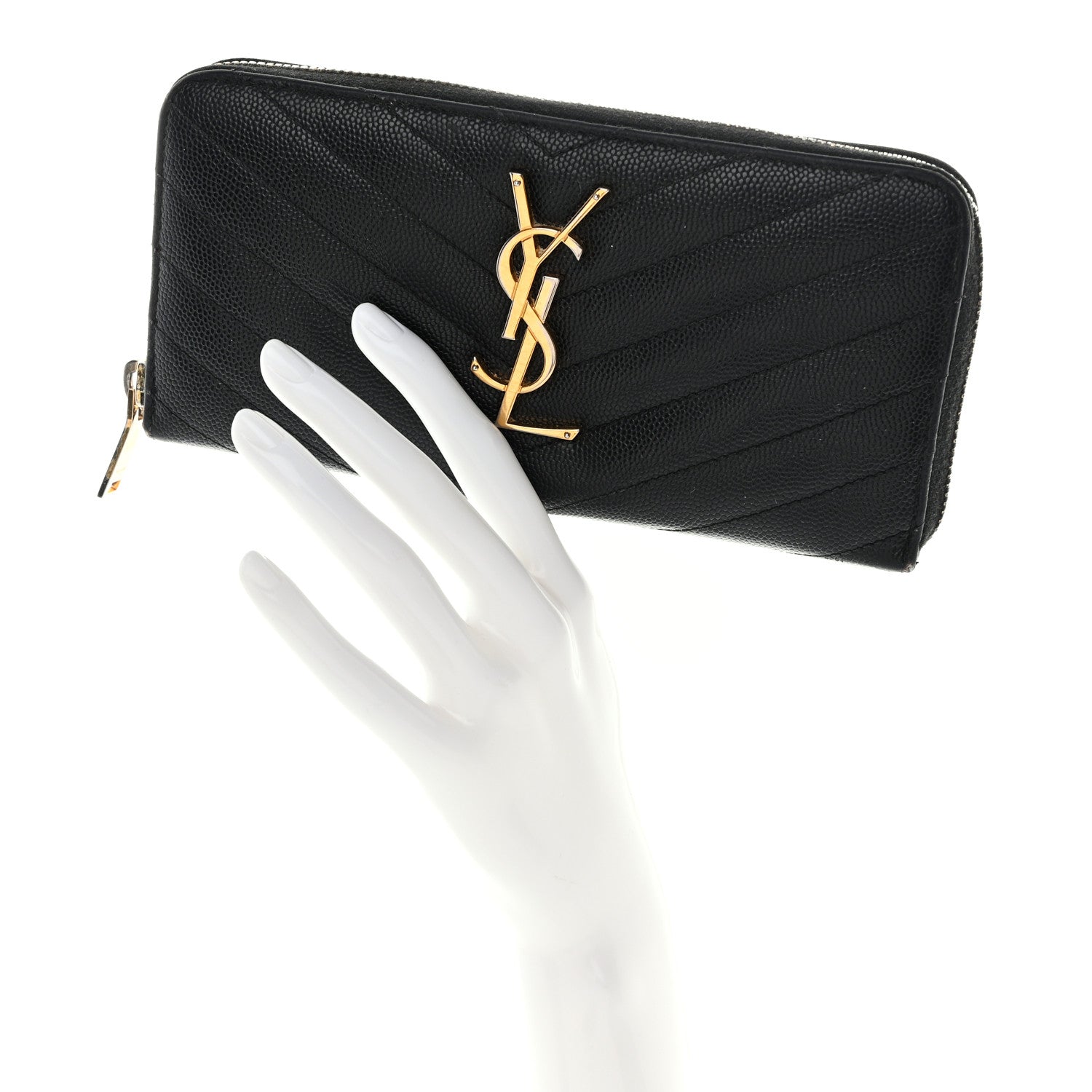 Saint Laurent Grain De Poudre Matelasse Chevron Monogram Zip Around Wallet Black 2 of 14