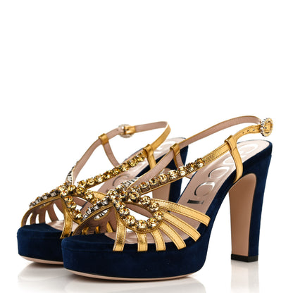 Gucci Velvet Nappa Crystal Zephyra Slingback Platform High Heel Sandals 37 Blue Gold 3 of 9