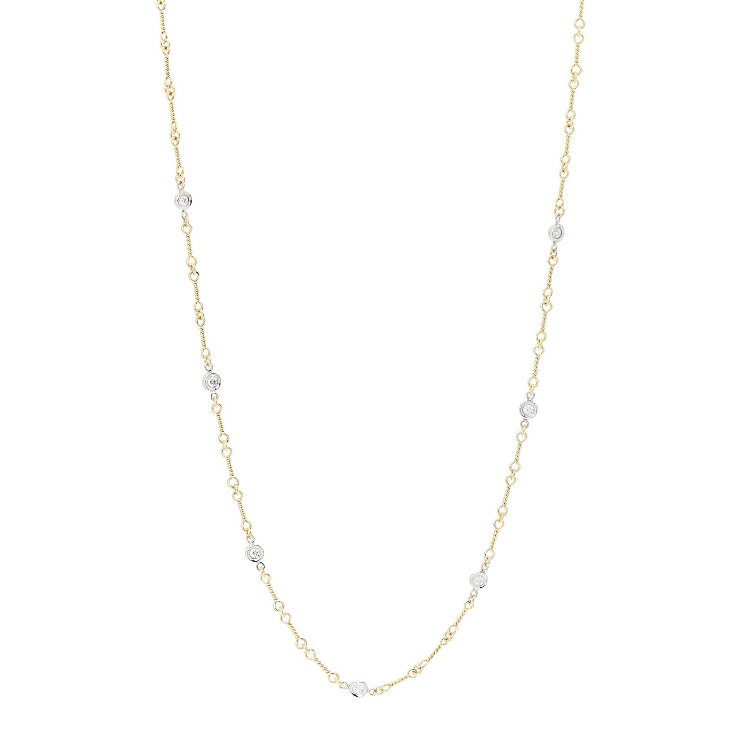18K Yellow White Gold Diamond By the Inch Seven Station Dog Bone Necklace