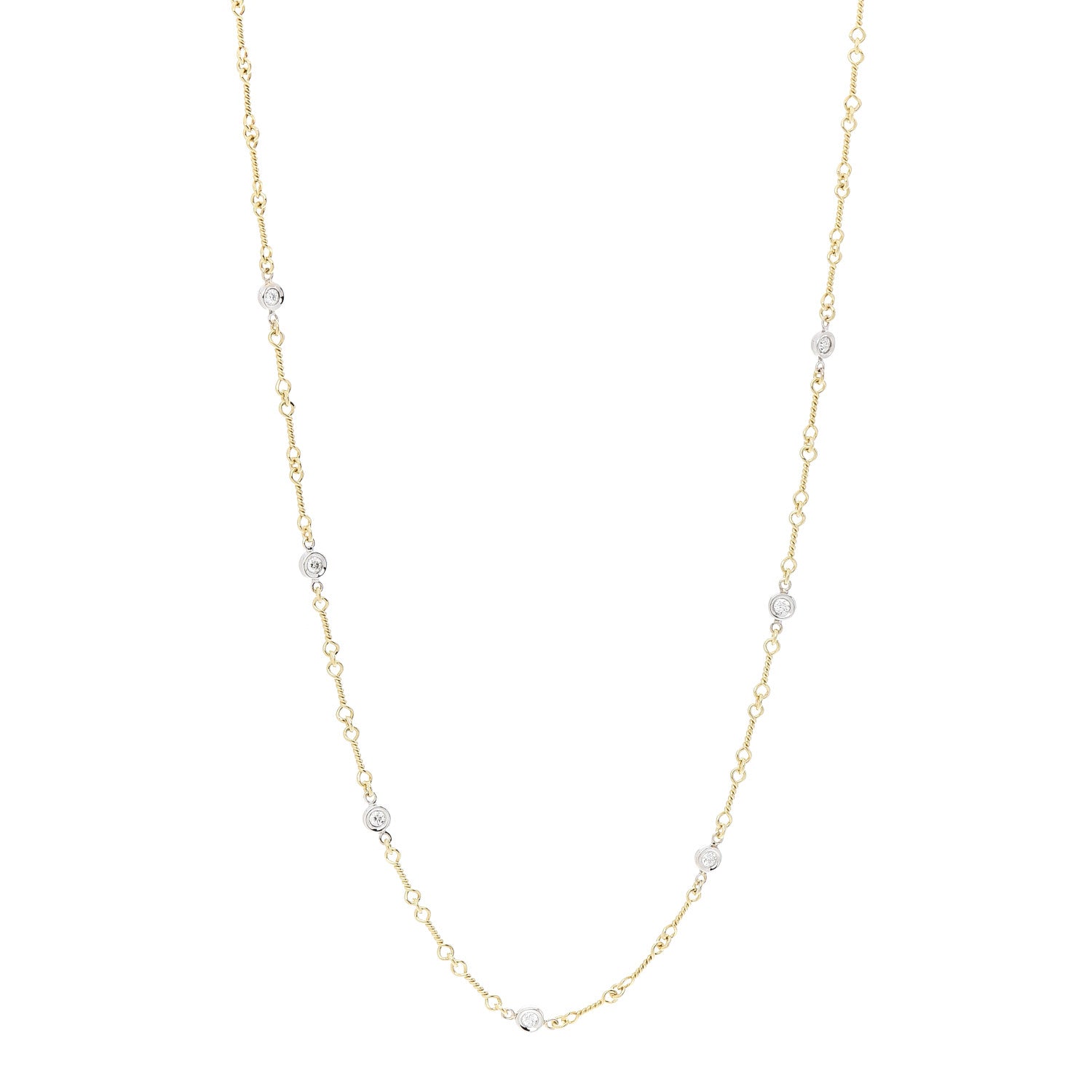 Roberto Coin 18K Yellow White Gold Diamond By the Inch Seven Station Dog Bone Necklace 1 of 6