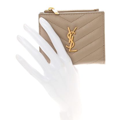 Saint Laurent Grain De Poudre Matelasse Chevron Monogram Zipped Card Case Nude Powder 2 of 9