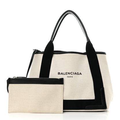 Balenciaga Cotton Canvas Satin Calfskin S Navy Cabas Natural Black 3 of 14