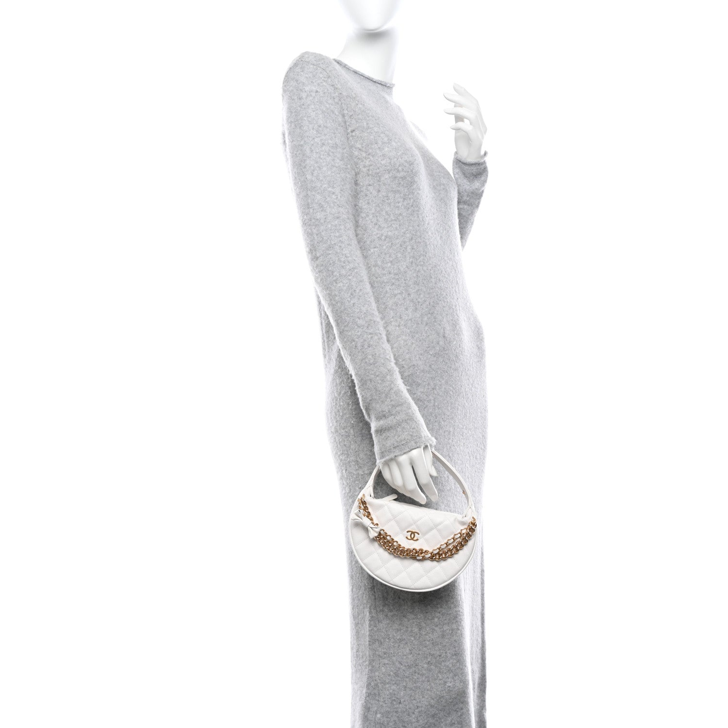 Chanel Shiny Caviar Quilted Bow Pouch Hobo White 2 of 11