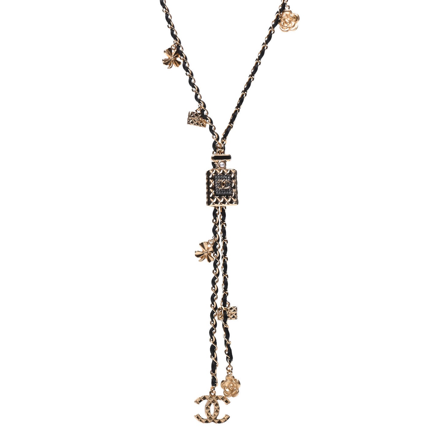 Calfskin Crystal Pearl Perfume Bottle CC Charm Necklace Black Gold